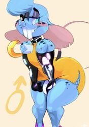 1boy anthro blue_eyes blue_fur buckteeth collar dress femboy furry girly gloves half-closed_eyes latex_gloves looking_away male male_only mouse muscle_mouse muscles muscular rodent short_dress simple_background smile solo thick_thighs thighs trap vimhomeless