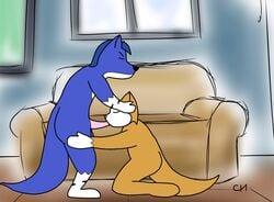 2020 animated anthro balls blue_body blue_fur blue_hair canid canine chamberlain17063 domestic_cat felid feline felis fox fur genitals hair hi_res justin_(chamberlain17063) kneeling living_room male male/male mammal markings odin_(chamberlain17063) oral oral_penetration penetration penis sex stripes white_markings yellow_body yellow_fur