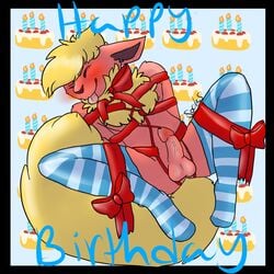 1:1 1boy anthro anthrofied birthday_gift black_border blue_background blush bondage bound canine clothing darlingsocks eeveelution flareon furry gift girly hi_res legwear male nintendo orange_fur original_character penis pinup pokémon_(species) pokemon pokemon_rgby pose ribbons shy socks teasing testicles text thigh_highs video_games