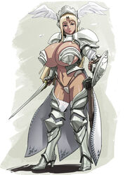 bikini_armor blonde_hair cleavage female female_warrior huge_breasts long_hair original original_character shield skimpy_clothes solo sword underboob usatarou