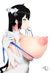 ahegaossd big_breasts blue_eyes boob_ribbon breasts dungeon_ni_deai_wo_motomeru_no_wa_machigatteiru_darou_ka female female_only hestia_(danmachi) huge_breasts nipples ribbon side_view smile torn_clothes white_outfit