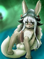 anthro balls blush clothing genitals hat_only headgear headwear lagomorph looking_at_viewer made_in_abyss male mammal mostly_nude nanachi narehate nipples penis rori_(artist) solo young