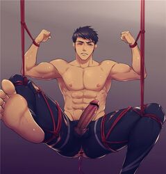 abs black_hair blush bondage censored dildo_in_ass erection free! gay muscles one_eye_closed penis_out rope shibari sweat tagme topless torn_clothes yamazaki_sousuke yaoi