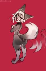 2024 anthro blush breasts cactigang canid canine canis collar collar_only digitigrade female fur grey_body grey_fur heart_symbol hi_res inner_ear_fluff looking_at_viewer looking_back looking_back_at_viewer mammal nipples nude nude_anthro one_eye_closed red_background simple_background solo standing tail tail_motion tailwag tuft wink winking_at_viewer wolf