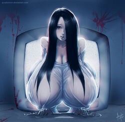 1girls acrylictoon all_fours alternate_breast_size big_breasts big_nipples black_hair blood breasts busty cleavage clothing curvaceous deviantart dress eye_contact female female_only ghost ghost_girl hair_over_one_eye half-closed_eyes hanging_breasts horror huge_breasts indoor large_breasts long_breasts long_hair looking_at_viewer nipple_bulge nipples smile teeth television text the_ring tongue tongue_out url watermark wet yamamura_sadako youkai