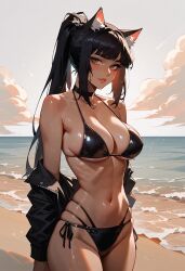 beach bikini black_hair cat_ears female