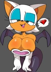 anthro areola areola_slip bat big_breasts breasts cleavage cleavage_overflow clothed clothing eyeshadow female gem gloves handwear lipstick looking_at_viewer makeup mammal question_mark rouge_the_bat sega smile solo sonic_(series) sonic_the_hedgehog_(series) spandex tight_clothing vilepluff wings