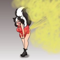 betty_(enderboss99) blush enjoying_farting fart fart_cloud fart_fetish huge_fart multicolored_hair skirt_lift skunk skunk_ears skunk_girl