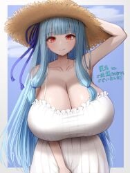 1girls blue_background blue_hair blue_hair_ribbon blush blush breast_focus breasts breasts_bigger_than_head busty cleavage clothed clothed_female clothing collarbone dress enormous_breasts facing_viewer female female_focus female_only gigantic_breasts hair_ribbon huge_breasts japanese_text kotonoha_aoi large_breasts long_hair looking_at_viewer massive_breasts metae red_eyes simple_background smile solo straw_hat sun_hat sundress text top_heavy top_heavy_breasts voiceroid voluptuous voluptuous_female white_dress