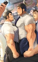 2boys 8boys ass ass_visible_through_thighs bara beard_stubble beefy biceps big_areola big_breasts big_bulge black_hair blurry_foreground blush breast_on_breasts brown_eyes brown_hair bulge bulge_through_clothing clenched_hand clenched_teeth clothed crowd daddy depth_of_field dilf duo duo_focus erection erection_under_clothes eyeless eyeless_male gay genital_outline hand_on_leg handles height_difference hi_res hunk indoors looking_at_another looking_up male male/male male_breasts male_only manly mature_male mob_face multiple_boys muscles muscular muscular_arms muscular_ass muscular_legs muscular_male muscular_thighs mustache_stubble necktie nullqllun office_clothing oppai original original_character pecs pointy_nose public public_transportation salaryman sanpaku short_hair sideburns sleeping small_pupils snot_bubble standing steam steamy_breath sweat sweatdrop sweating sweaty thick_arms thick_thighs tight_clothing tough_guy train train_interior triceps veiny_arms yaoi zzz