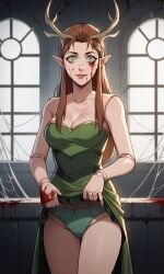 1girls ai_generated antlers ass bigmic145 blood breasts brown_hair cleavage critical_role critical_role:_vox_machina curvy doll doll_joints dress dress_lift elf elf_ears female female_only freckles green_eyes horror keyleth long_hair panties pointy_ears stripping teasing the_legend_of_vox_machina yandere