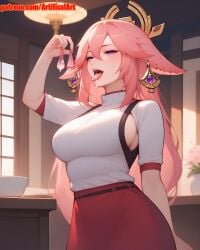 1girls ai_generated animal_ears artifical_art condom cum cum_on_tongue earrings fox_ears genshin_impact hair_ornament jewelry kitsune long_hair open_mouth perfect_body pink_hair purple_eyes semen semen_on_tongue tongue_out used_condom yae_miko yae_miko_(genshin_impact)