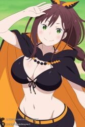 1girl multi-tied_hair breasts solo green_eyes smile swimsuit bikini large_breasts bikini_top_only shorts front-tie_top bangs navel brown_hair cleavage looking_at_viewer grass groin long_hair black_bikini front-tie_bikini_top blush cape sidelocks black_shorts ponytail ribbon short_shorts closed_mouth hair_ribbon cowboy_shot midriff standing arm_up stomach black_cape black_cloak hair_between_eyes salute upper_body shaula_(re:zero) re:zero re:zero_kara_hajimeru_isekai_seikatsu unjobdespiert ai_generated 1female curvy huge_breasts huge_ass big_breasts big_ass 1girls 2026 artist_name watermark hi_res highres high_quality high_resolution patreon_username patreon