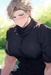 ai_generated bara bara_tiddies bara_tits barazoku black_clothing blonde_hair dadcoochie dadcoochie gray_eyed male_focus moobs muscle muscular_male nipples nipples_visible_through_clothing solo