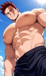 1boy abs ai_generated angry_face bara bara_tiddies bara_tits barazoku beach_shorts big_areola big_arms big_biceps big_chest big_pecs blue_eyes blue_shorts bodybuilder dadcoochie daddy endeavor_(boku_no_hero_academia) endeavor_(my_hero_academia) facial_hair male_only masculine_bottom massive_muscles moobs navel navel_hair old_man pink_nipples red_hair scar_across_eye scar_on_face shorts smooth_skin smooth_skinned_male solo solo_focus solo_male sweat todoroki_enji veins veiny_muscles viewed_from_behind viewed_from_below white_skin