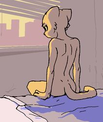 anthro ass bare_back bedroom bethesda_softworks felid female filthypally fur katia_managan khajiit mammal nude prequel sitting sitting_on_bed skyline solo the_elder_scrolls video_games webcomic yellow_body yellow_fur