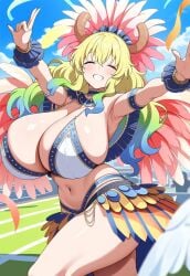 ai_generated artist_request bare_thighs blonde_hair blush brazilian carnival_outfit closed_eyes gigantic_breasts horn horns huge_breasts huge_thighs kobayashi-san_chi_no_maidragon light-skinned_female light_skin long_hair massive_breasts mature_female milf multicolored_hair quetzalcoatl_(dragon_maid) samba smiling solo_female squatting sweat sweatdrop thick_body thick_female thick_thighs thighs voluptuous voluptuous_female