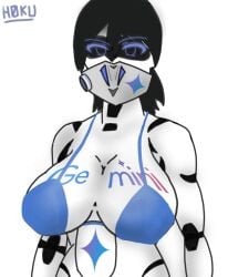 android beginner_artist black_hair black_visor blue_eyes blue_swimsuit blue_topwear covered_mouth drone gemini_(ai) gemini_(google) gemini_emblem google google_gemini huge_breasts humanization humanized ibispaintx medium_hair no_nose revealing_swimsuit robot robotization string_swimsuit swimsuit tagme visor visor_eyes white_skin wide_hips words_on_body writing_on_body