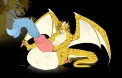 belly big_belly cmitchell dragon felid fur genitals hi_res horn hyper lion long_tail male mammal mythological_creature mythological_scalie mythology orange_eyes pantherine paws penis scalie solo stripes tail vore white_horn wings yellow_body yellow_fur