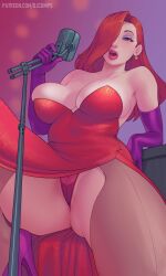 djcomps dress fizzz gloves heels jessica_rabbit lipstick makeup microphone overflowing_breasts panties pantyhose purple_eyeshadow purple_gloves red_dress red_hair red_lipstick seductive singing voluptuous