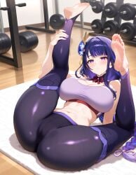 barefoot genshin_impact legs_up purple_eyes purple_hair raiden_shogun sports_bra sportswear sweat