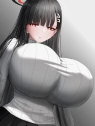 1girls alternate_breast_size alternate_version_available arms_at_sides bangs black_hair blue_archive blush blush breast_focus breasts breasts_bigger_than_head busty clothed clothing curvy curvy_female curvy_figure enormous_breasts female female_focus female_only fully_clothed gigantic_breasts gradient_background hairclip halo huge_breasts large_breasts long_hair looking_at_viewer low-angle_view massive_breasts metae red_eyes ringed_eyes rio_(blue_archive) simple_background slim_waist solo standing sweater thin_waist top_heavy top_heavy_breasts voluptuous voluptuous_female