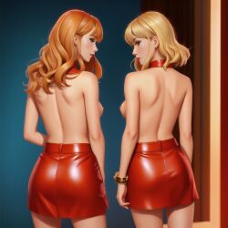 ai_generated beautiful behind_view blonde_female blonde_hair female female_focus female_only human human_female lipstick looking_back nhumanfuture original original_character red_clothing red_hair redhead_female skirt topless topless_female