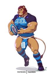 2020 5_fingers anthro athlete beard biceps big_bulge big_muscles black_claws brown_hair brown_nose bulge claws cleats clothing facial_hair felid fingers fur genital_outline green_eyes grin hair jockstrap legwear lion male male_only mammal mane muscular muscular_male pantherine pecs penis_outline plantigrade rugby running shirt simple_background smile socks solo t-shirt taoren tight_clothing topwear underwear white_background yellow_body yellow_fur