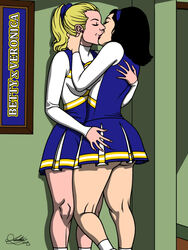 2girls against_wall archie_comics betty_and_veronica betty_cooper black_hair blonde_hair cheerleader closed_eyes female hand_on_hip hand_on_neck human kaywest kissing pale_skin veronica_lodge yuri