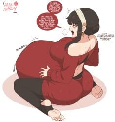 1girls arbrianarchy ass big_ass big_belly big_breasts breasts english_dialogue english_text hyper hyper_belly nail_polish on_the_floor red_nails red_toenails spy_x_family struggling_prey tagme toenail_polish vore vore_belly yor_briar yor_forger