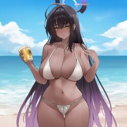 ai_generated beach bikini black_hair blue_archive blush colored_inner_hair dark-skinned_female karin_(blue_archive) large_breasts long_hair looking_away navel roxor solo white_bikini wide_hips yellow_eyes