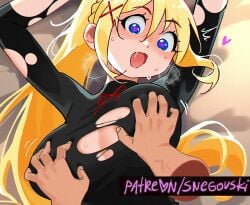 1girls big_breasts blonde_hair blush breasts cleavage clothing darkness_(konosuba) disembodied_hand female female_focus fondling fondling_breast grabbing grabbing_breasts heart-shaped_pupils kono_subarashii_sekai_ni_shukufuku_wo! snegovski torn_clothes torn_clothing