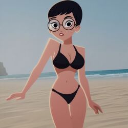 1girls ai_generated bare_arms beach beach_background bikini bikini_bottom bikini_top black_bikini breasts carmen_sandiego_(2019) carmen_sandiego_(franchise) female female_focus female_only julia_argent julia_argent_(carmen_sandiego) short_hair solo solo_female solo_focus standing zupern0va_(manipper)