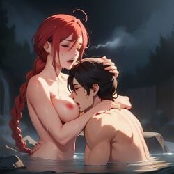 ai_generated braided_hair chainsaw_man closed_eyes completely_nude hot_spring makima_(chainsaw_man) mixed_bathing nude onsen red_hair water wet