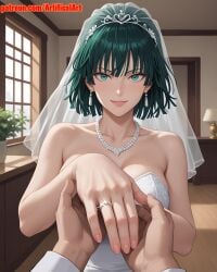 1girls ai_generated artifical_art big_breasts bride curvaceous_female cute_face dark_green_hair fubuki_(one-punch_man) green_eyes green_hair light-skinned_female mature_female medium_hair one-punch_man perfect_body short_hair voluptuous_female