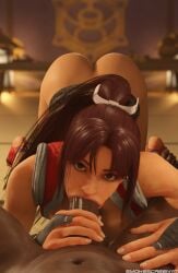 1boy 1girls 3d 3d_(artwork) asian asian_female ass big_ass blowjob brown_eyes brown_hair capcom fatal_fury interracial kunoichi looking_at_viewer mai_shiranui male_pov oral oral_sex pov smokescreen117 snk street_fighter street_fighter_6