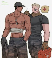 2boys abs bandage blonde_hair camouflage dog_tags first_aid_kit gloves hat male male_only military_uniform multiple_boys muscular muscular_male nipples obscured_eyes original scar simple_background teane topless uniform visor white_background yellow_eyes