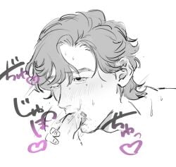 black_and_white blowjob blowjob_face blowjob_only blush cum_in_mouth cumshot facial_hair hand_on_penis handjob_while_sucking hearts_around_head japanese_text long_hair male_only one_eye_closed seong_gi-hun squid_game sweatdrop tears text yaoi