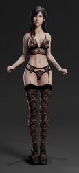 1girls 3d 3d_model 3d_render black_hair black_high_heels black_underwear bra cleavage final_fantasy final_fantasy_vii final_fantasy_vii_rebirth final_fantasy_vii_remake fit_female garter_belt garter_straps gray_background high_heels highres lace lace-trimmed_bra lace_stockings leetonight lingerie lingerie_only long_hair looking_at_viewer nipples_visible_through_clothing panties pinup posing red_eyes see-through see-through_bra see-through_lingerie see-through_panties simple_background stockings thighhighs