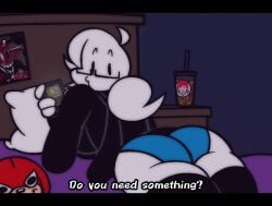 bite_of_87 black_hoodie black_stockings blue_shorts chilling confusion drink euthanasia_rabbit.mov glasses hoodie kiss_mark kiss_mark_on_photo laying_down laying_on_bed laying_on_stomach looking_at_viewer looking_back markiplier on_bed on_phone oswald_the_lucky_rabbit phone photo_(object) pillow plushie ponytail poster_(object) purple_bed_sheet self_upload soda soda_cup sohornyraccoon sona_(sohornyraccoon) stockings tagme text watermark wednesday_infidelity white_body white_hair