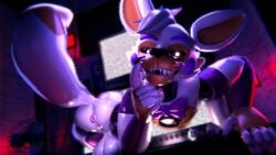 3d_(artwork) absurd_res animatronic anthro anus ass balls blender_(artwork) bow_tie canid canine claws digital_media_(artwork) electronics eyebrows five_nights_at_freddy's five_nights_at_freddy's_world fox genitals glowing glowing_eyes grinning_at_viewer hi_res jizzyfox lolbit_(fnaf) machine male mammal puffy_anus purple_anus raised_eyebrow raised_finger robot robot_anthro scottgames sharp_teeth sister_location solo tail teeth teleportation television through_screen watermark