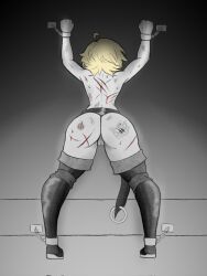 ass back back_view beaten blonde_hair captured chained cuts female gecko_(kaisorain) kaisorain naked original original_character scar scars spank_marks thigh_boots