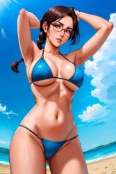 1girls ai_generated anime armpits attractive babe beach beautiful_face belly_button big_breasts black_hair bleach bleach:_the_thousand-year_blood_war blue_bikini breasts busty curvy glasses hands_behind_head hands_up isaris-ai lisa_yadomaru looking_at_viewer sea sexy shinigami shonen_jump stable_diffusion sultry_eyes swimsuit twintails visored waves young_woman