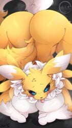 anthro areola ass ass_up bandai_namco big_butt biped blep blue_eyes breasts digimon digimon_(species) dipstick_tail female front_view fur hi_res hinata_sakamoto looking_at_viewer markings multicolored_body nude pupils renamon simple_background solo tail tail_markings thick_thighs tongue tongue_out white_body white_fur yellow_body