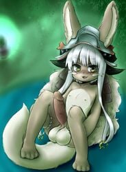 anthro balls blush clothing genitals hat_only headgear headwear humanoid_genitalia humanoid_penis lagomorph looking_at_viewer made_in_abyss male mammal mostly_nude nanachi narehate nipples penis rori_(artist) solo young