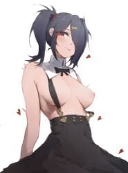 1girl ame-chan ame-chan_(needy_girl_overdose) armpit_crease arms_behind_back bilingual_commentary black_bow black_bowtie black_hair black_skirt blush bow bowtie breasts breasts_apart closed_mouth commentary cowboy_shot detached_collar english_commentary hair_ornament hair_over_one_eye heart heart-shaped_pupils high-waist_skirt highres implied_sex large_breasts lips lolita_(fashion) lolita_fashion long_bangs looking_at_viewer medium_hair mixed-language_commentary navel needy_girl_overdose needy_streamer_overload nipples one_eye_covered purple_eyes sidelocks simple_background skirt smile solo strap_slip suspender_skirt suspenders symbol-shaped_pupils twintails twitching white_background x_hair_ornament xian_ovo