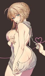 1girls ahoge artoria_pendragon artoria_pendragon_(lancer) ass back backless_outfit bangs bare_back bare_shoulders blonde_hair blush braid breasts dress fate/grand_order fate_(series) female french_braid green_eyes grey_sweater hair_between_eyes hair_bun heart high_resolution large_breasts long_hair looking_at_viewer looking_back meme_attire naked_sweater open-back_dress open_mouth sideboob sidelocks simple_background solo solo_focus sweater sweater_dress thighs tied_hair turtleneck turtleneck_sweater virgin_killer_sweater vivivivi