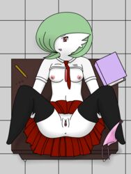 1girls anthro anthrofied ass bottomwear breasts_out clothing collegial eye_contact female female_only gardevoir green_hair hair_over_one_eye half-closed_eyes inviting k-cxvii looking_at_viewer necktie nintendo nipples original_character panties pokémon_(species) pokemon pokemon_(species) pokemon_rse pussy red_eyes school shirt shirt_lift skirt small_breasts smile solo spread_legs t-shirt thighhighs topwear underwear video_games white_skin wide_hips