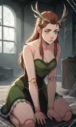 1girls ai_generated antlers ass bigmic145 breasts brown_hair cleavage critical_role critical_role:_vox_machina curvy doll doll_joints dress elf elf_ears female female_only freckles green_eyes keyleth long_hair pointy_ears the_legend_of_vox_machina