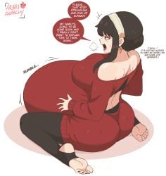 1girls arbrianarchy ass big_belly big_breasts big_penis breasts english_dialogue english_text hyper hyper_belly nail_polish on_the_floor red_nails red_toenails spy_x_family tagme toenail_polish vore vore_belly yor_briar yor_forger